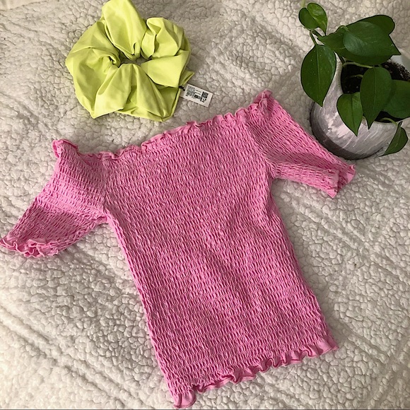 Chic Bubblegum Pink Scrunch off the Shoulder Top - Picture 3 of 6